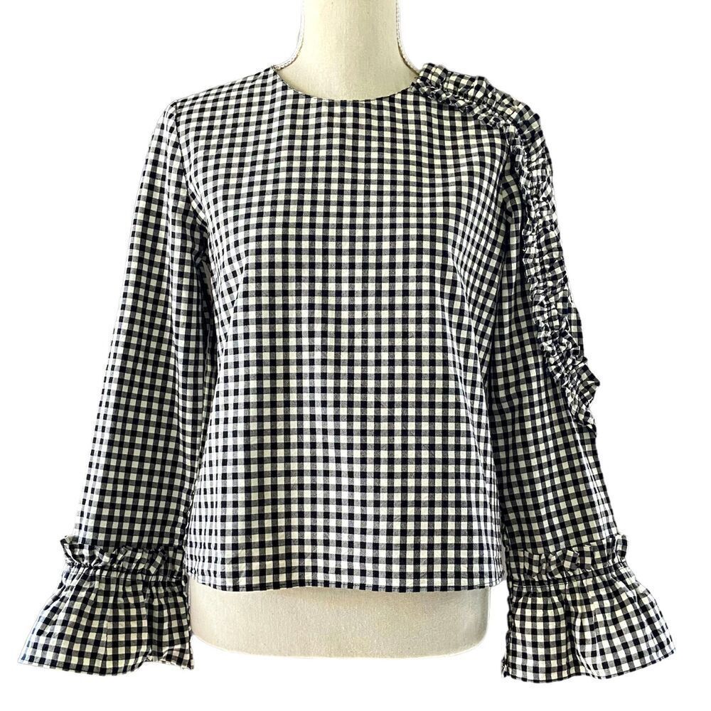 Zara Gingham Black White Check Ruffle Blouse XS